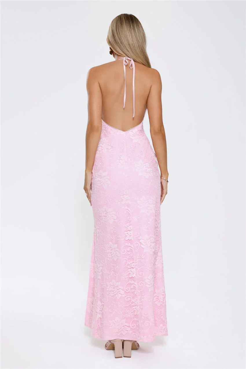 Ruched Bodice Open Back Tie Detail High Slit Floral Lace Maxi Evening Dress - Image 3