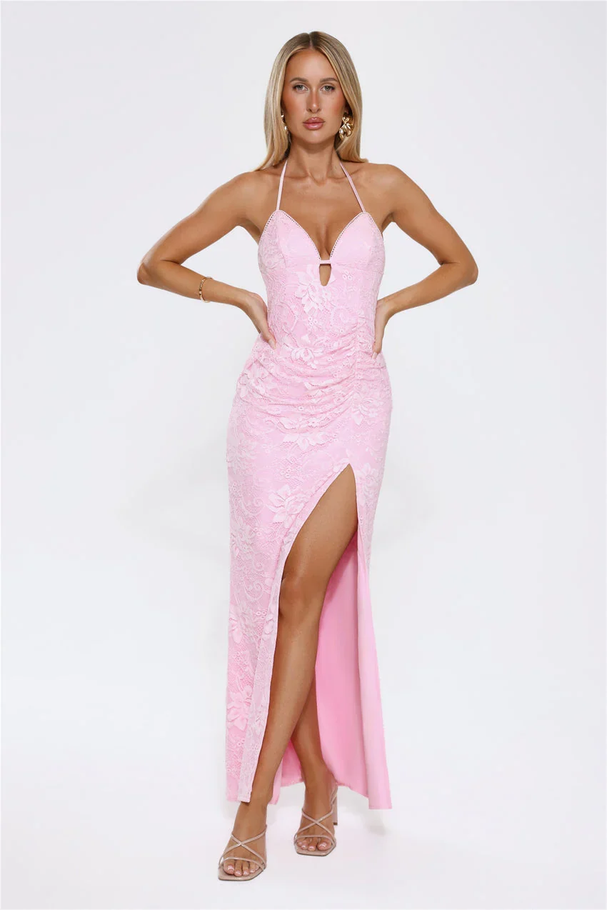 Ruched Bodice Open Back Tie Detail High Slit Floral Lace Maxi Evening Dress - Image 4