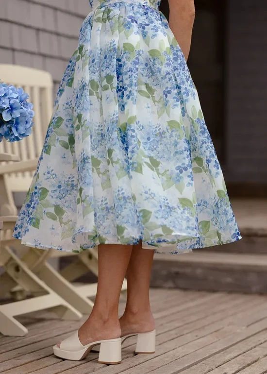 Spaghetti Strap Bow Detail Square Neck Hydrangea Floral Print A Line Midi Evening Dress - Image 7