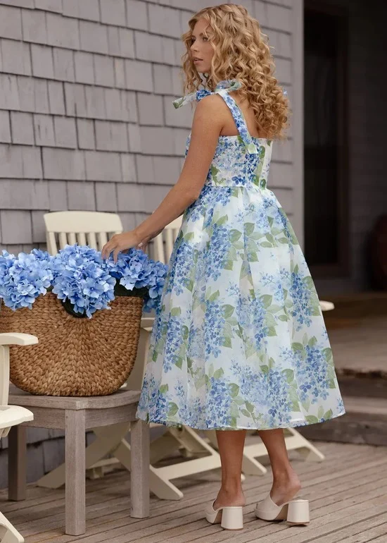 Spaghetti Strap Bow Detail Square Neck Hydrangea Floral Print A Line Midi Evening Dress - Image 4