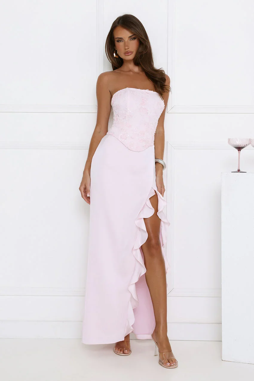 High Slit Ruffle Detail Maxi Evening Dress For Formal Evening Prom Wedding Guest Bridesmaid Beach - Image 5