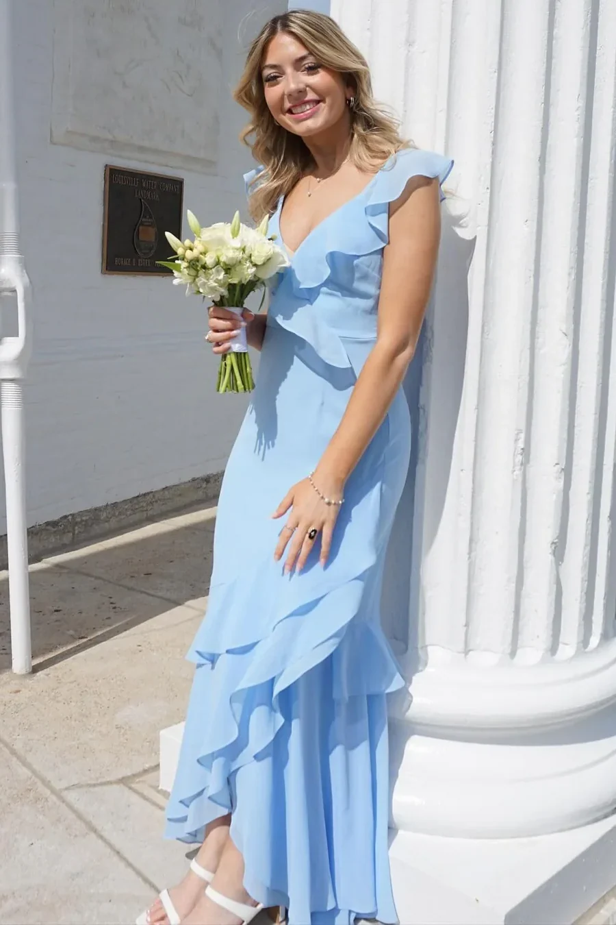 V Neckline Ruffle Trim Open Back Ruched Bodice Layered Ruffle Hem Mermaid Maxi Evening Dress For Formal Evening