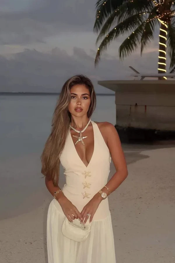 Elegant Yellow Halter V Neck A Line Maxi Prom Dress With Starfish Details For Beach Party Wedding Guest - Image 3
