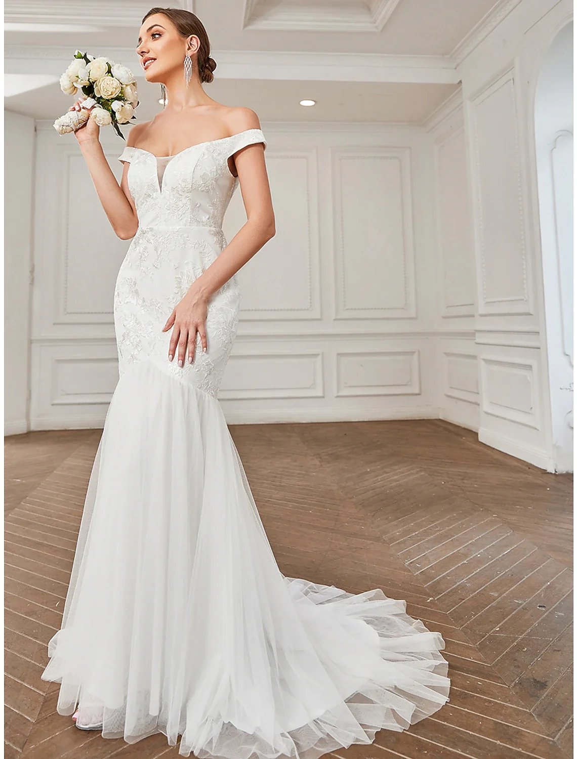Vintage A-Line Off Shoulder Cap Sleeve Lace Beach Wedding Dress - Image 3