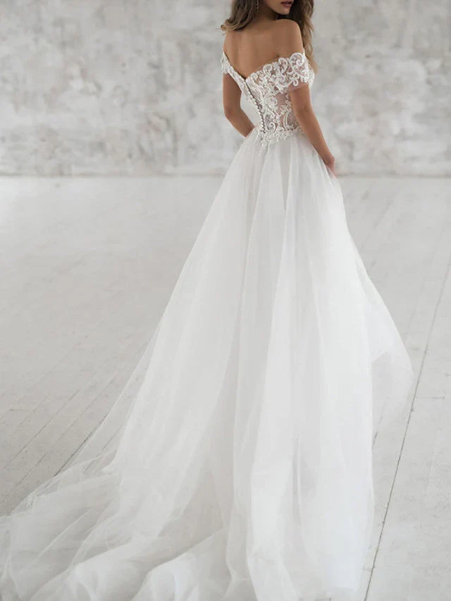 A-Line Beach Off the Shoulder Lace Tulle Long Wedding Dresses - Image 3