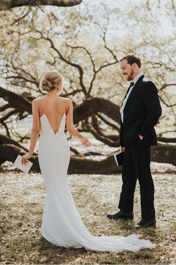 Mermaid Spaghetti Straps Backless V-Neck Beach Wedding Dresses - Image 3