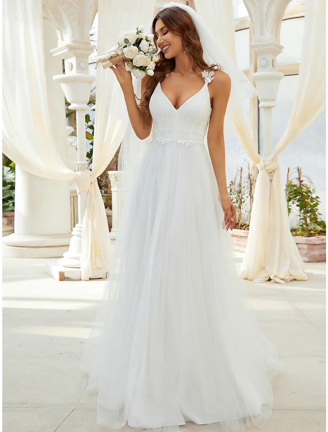 Reception Simple Wedding Dresses A-Line Sweetheart V Wire Regular Straps Sweep / Brush Train Tulle Bridal Gowns With Crystals Appliques - Image 3
